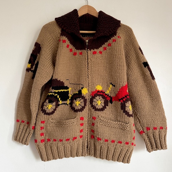 Vintage Cowichan Wool Knit Zip Cardigan Sweater Coat Retro Car Pattern 60s - Picture 3 of 10